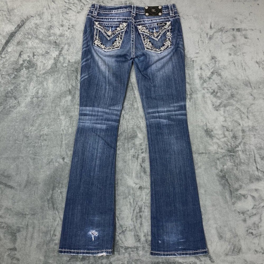 Miss Me Embellished Patched Signature Boot Cut Denim Blue Jeans Women's 27 29x33